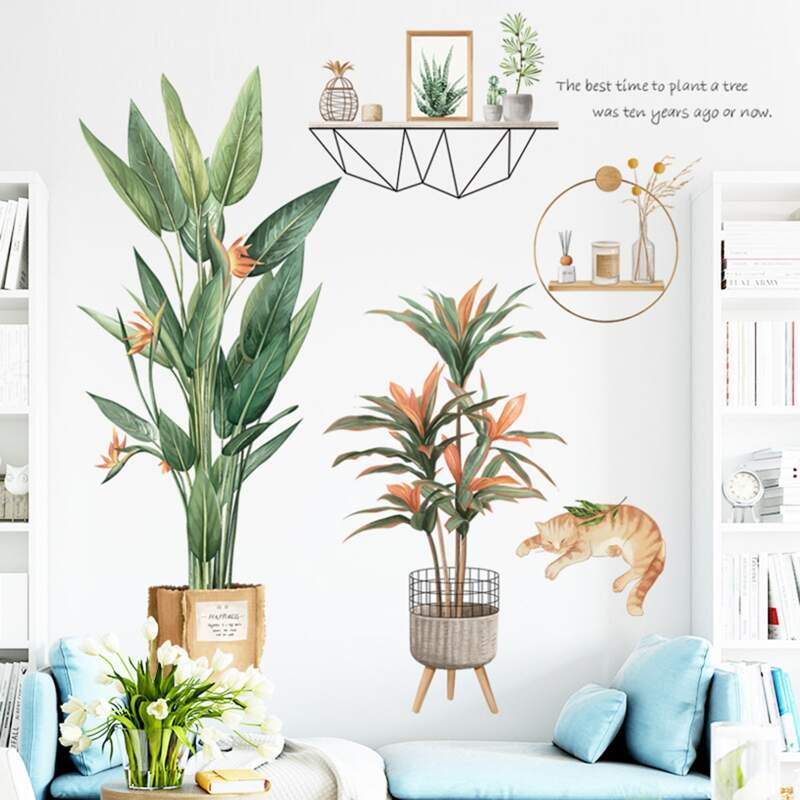 

2sheets Plants & Cat Print Wall Sticker, Multicolor
