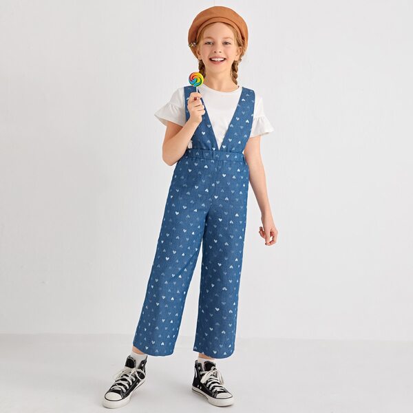 

Girls All Over Heart Print Overalls, Blue