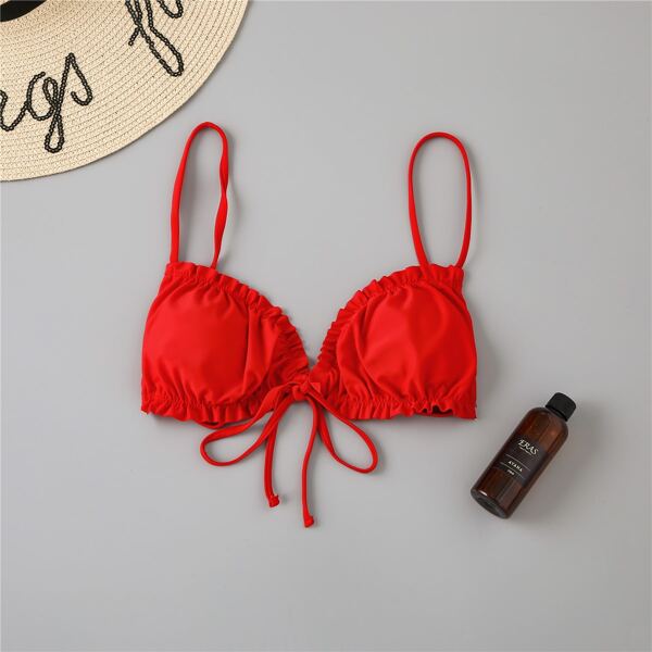 

Frill Trim Tie Front Bikini Top, Red