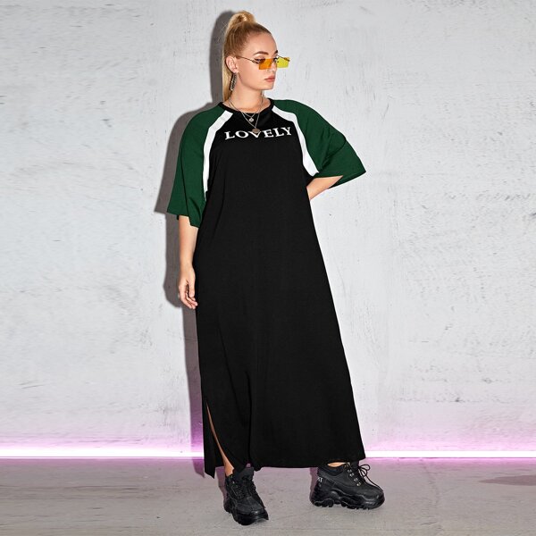 

Plus Letter Graphic Raglan Sleeve Slit Hem Dress, Black