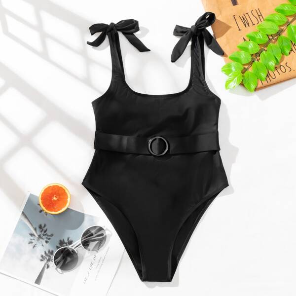 

Ring Decor Tie Shoulder One Piece Swimsuit, Black