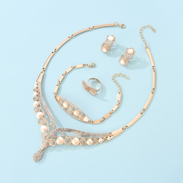 

5pcs Rhinestone Decor Hollow Out Jewelry Set, Gold