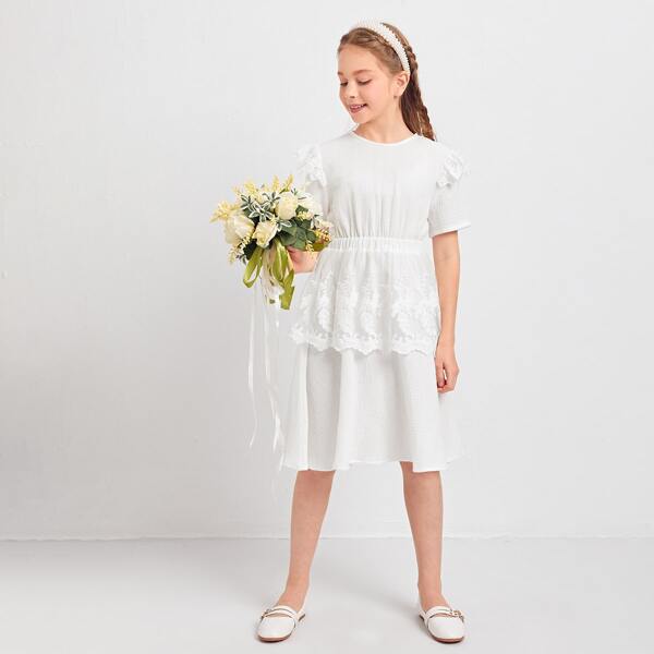 

Girls Embroidered Mesh Trim Layered Hem Dress, White