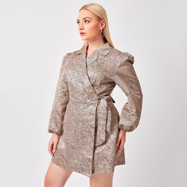 

Plus Lapel Collar Allover Print Wrap Dress, Multicolor
