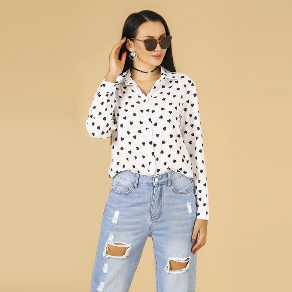 

Allover Heart Print Button Blouse, White