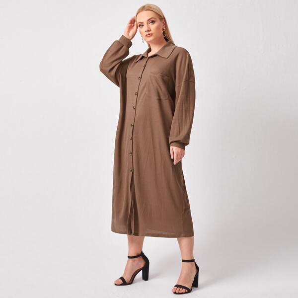 

Plus Button Front Drop Shoulder Dress, Khaki