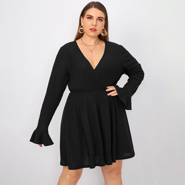 

Plus Surplice Front Rib-knit A-line Dress, Black