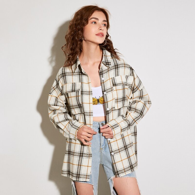 

Plaid Button Front Pocket Blouse, Beige