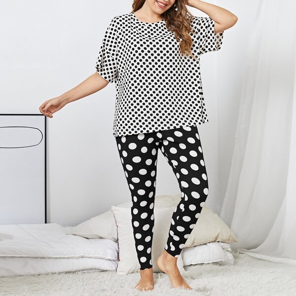 

Plus Polka Dot Print Tee & Leggings PJ Set, Black and white