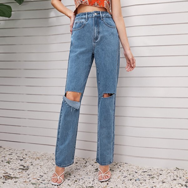 

High Waist Ripped Straight Jeans, Medium wash