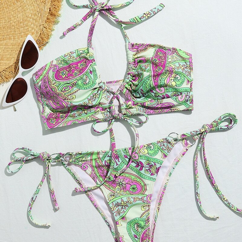 

Paisley Random Print Halter Tie Side Bikini Swimsuit, Multicolor