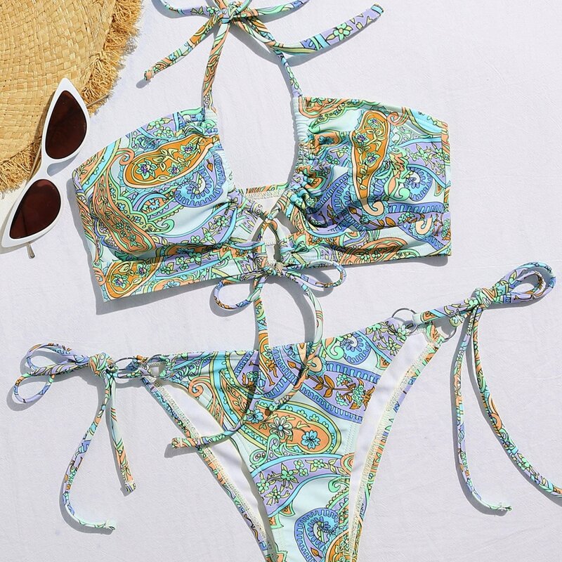 

Paisley Print Halter Thong Bikini Swimsuit, Multicolor
