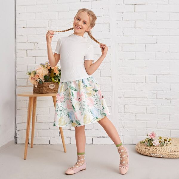 

Girls Lettuce Trim Rib-knit Tee & Floral Skirt Set, Multicolor