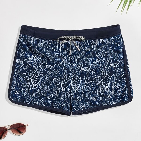 

Men Allover Leaf Print Drawstring Waist Swim Trunks, Navy blue