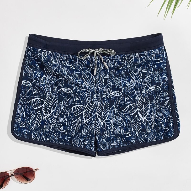 

Men Allover Leaf Print Drawstring Waist Swim Trunks, Navy blue