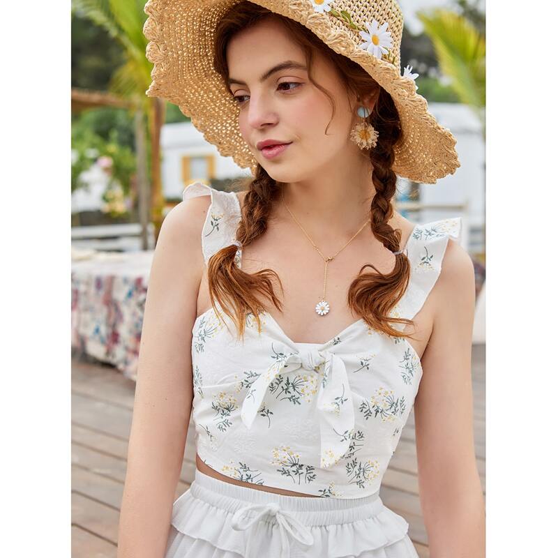

Floral Print Ruffle Trim Cami Top, White