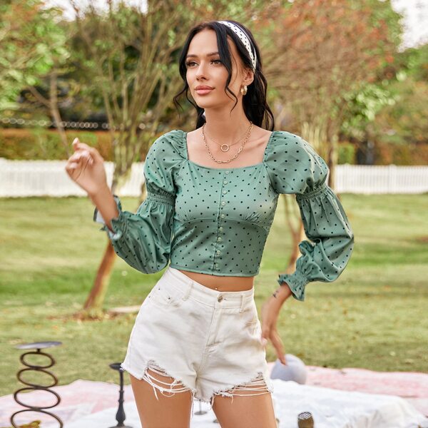 

Polka Dot Shirred Back Crop Blouse, Green