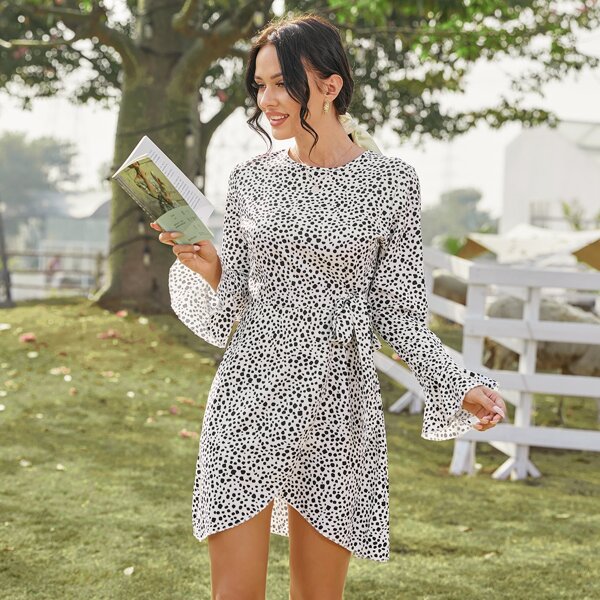 

Dalmatian Print Backless Tie Front Wrap Hem Dress, Black and white