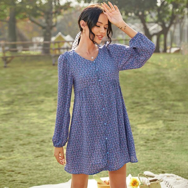 

Ditsy Floral Button Front Babydoll Dress, Blue