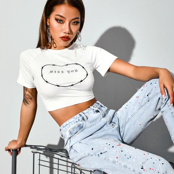 

Raglan Sleeve Letter Graphic Crop Tee, White