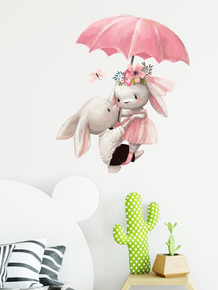 Cartoon Rabbit Print Wall Sticker, Cute Self Adhesive Wall At Decal For Home Decor - Multicolor - View 4