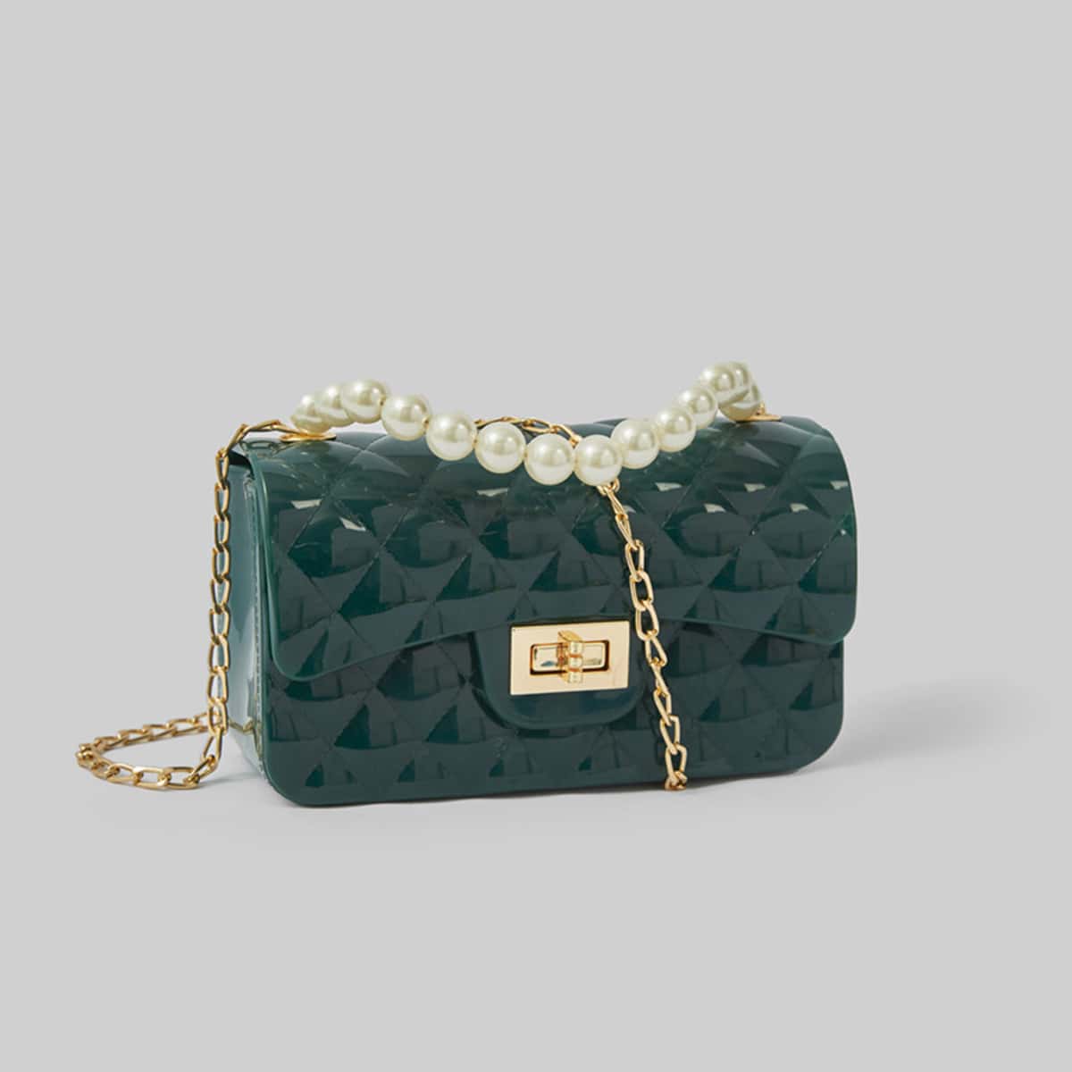 

Quilted Faux Pearl Handle Satchel Bag, Dark green