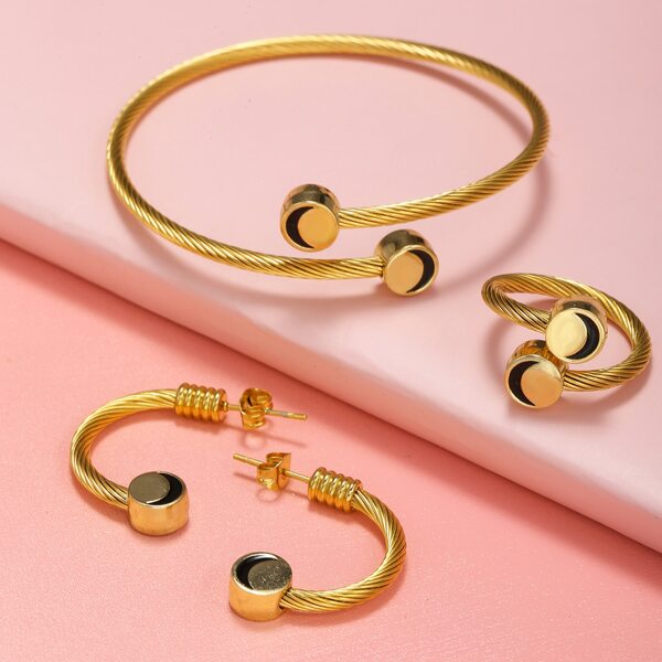 

1pair Hoop Earrings & 1pc Ring & 1pc Cuff Bangle, Gold