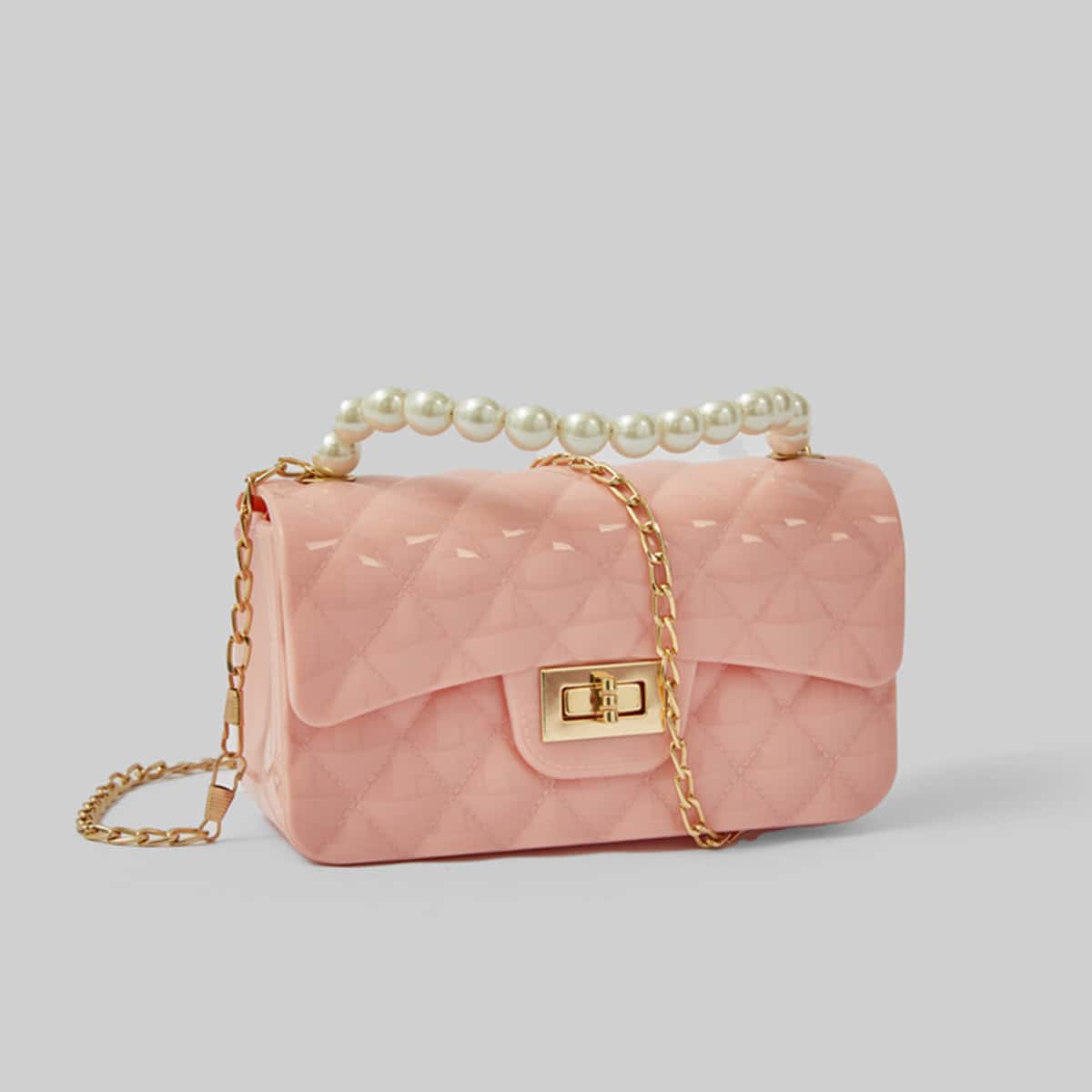 

Quilted Faux Pearl Handle Satchel Bag, Baby pink