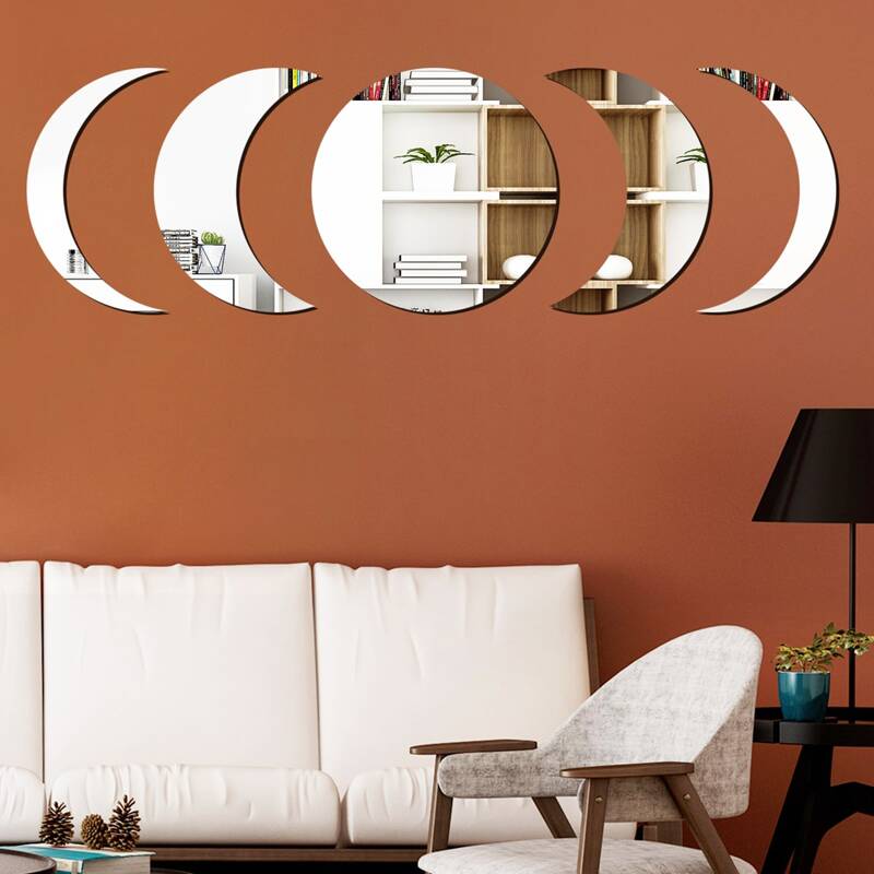 

5pcs Moon Shaped Mirror Surface Wall Sticker, Silver