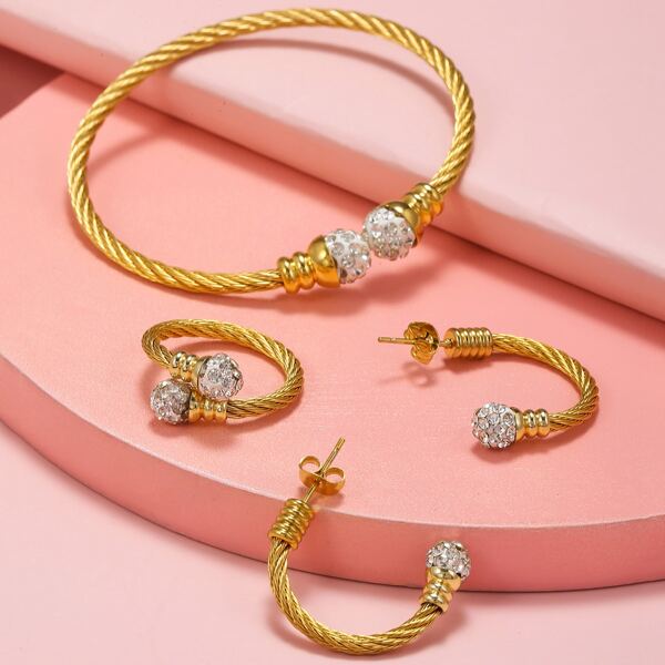 

Zircon Decor Ring & Cuff Bangle & Hoop Earrings, Gold