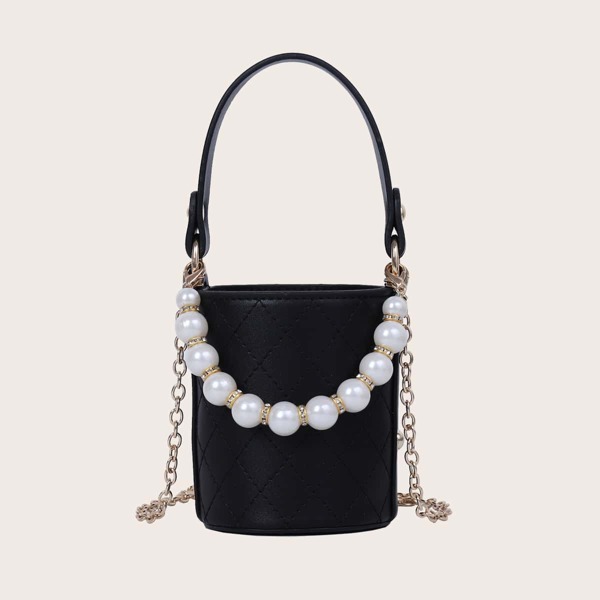 

Mini Girls Faux Pearl Decor Bucket Bag, Black