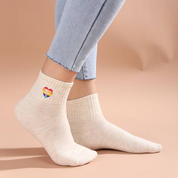 

Heart Embroidered Crew Socks, Beige
