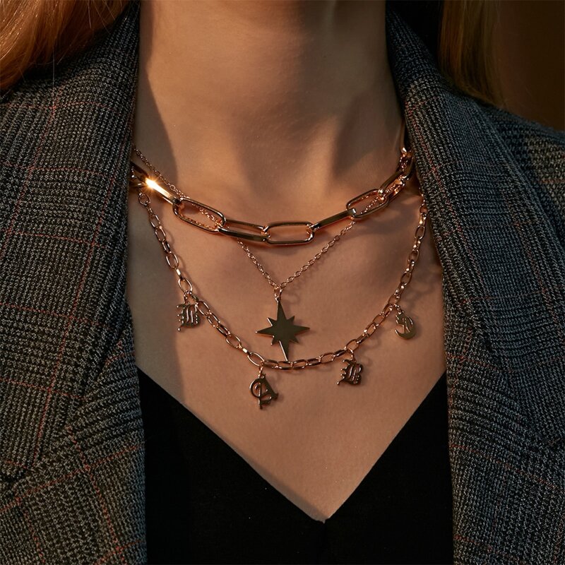 

Star & Letter Layered Chain Necklace, Gold