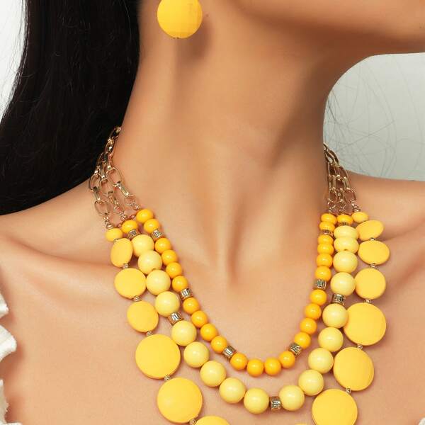 

Round Charm Layered Necklace & Earrings, Yellow