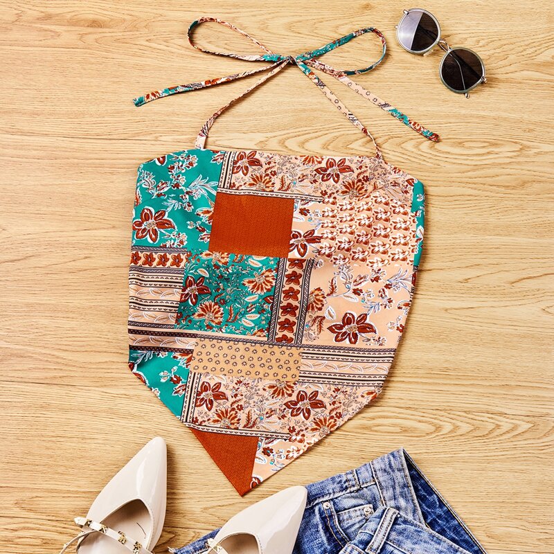 

Floral Print Tie Back Halter Hanky Top, Multicolor