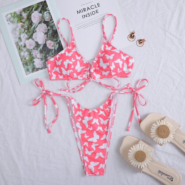 

Butterfly Random Print Tie Side Bikini Swimsuit, Pink