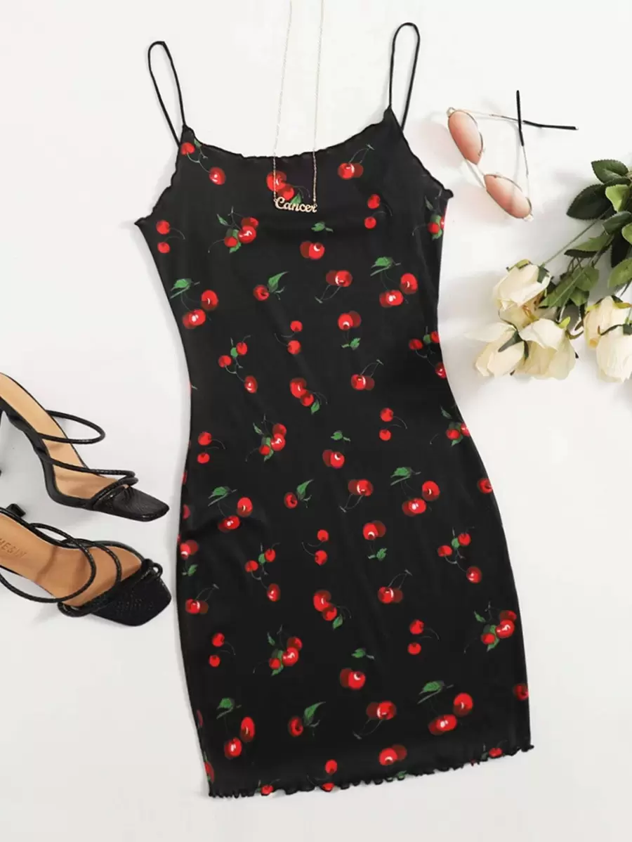 Soleia Cherry Print Lettuce Trim Bodycon Dress - Black - View 1