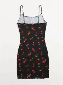 Soleia Cherry Print Lettuce Trim Bodycon Dress - Black - View 2