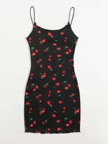 Soleia Cherry Print Lettuce Trim Bodycon Dress - Black - View 3