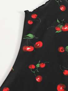 Soleia Cherry Print Lettuce Trim Bodycon Dress - Black - View 4