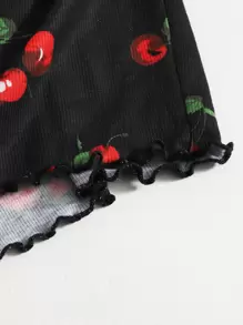 Soleia Cherry Print Lettuce Trim Bodycon Dress - Black - View 5