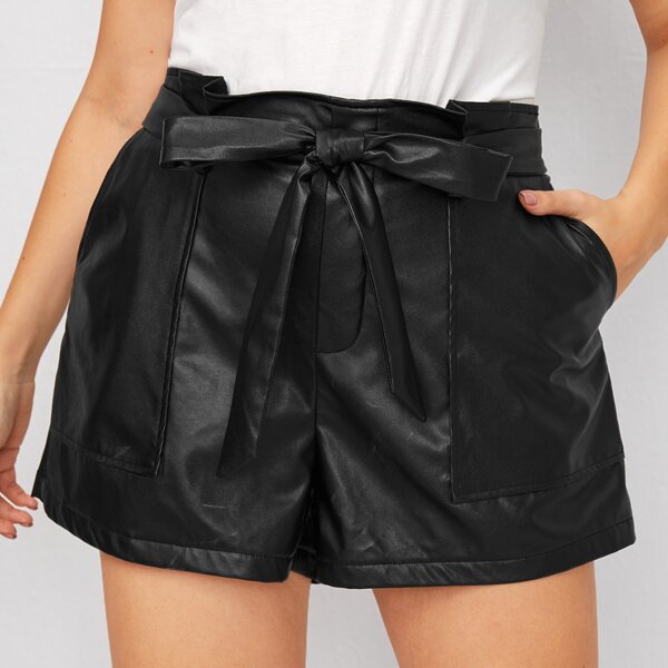 

Plus Belted PU Leather Shorts, Black