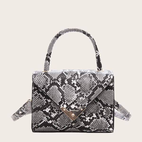 

Metal Edge Snakeskin Flap Satchel Bag, Black