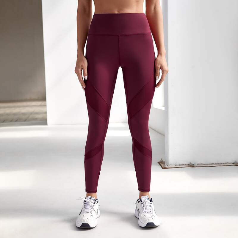

High Waist Cut And Sew Sports Leggings, Burgundy