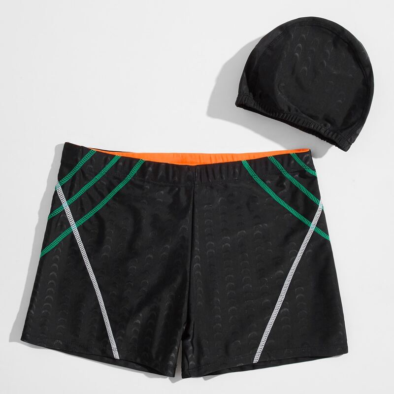 

Guys Topstitching Swim Trunks & Swim Cap, Black