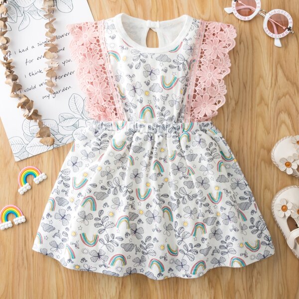 

Baby Girl Contrast Lace Cartoon Graphic Smock Dress, Multicolor