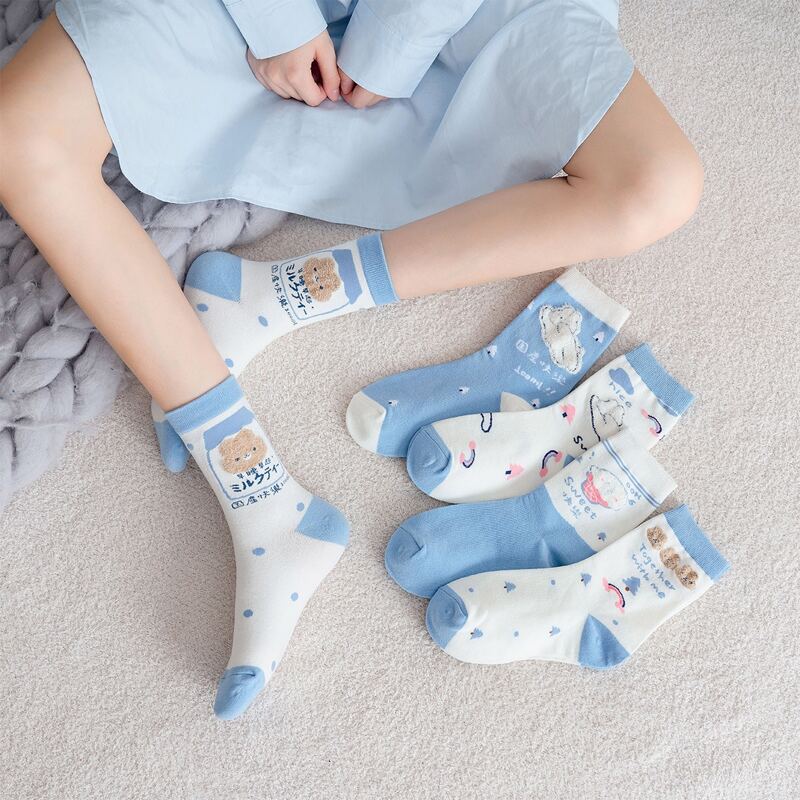 

5pairs Cartoon Bear Crew Socks, Blue and white