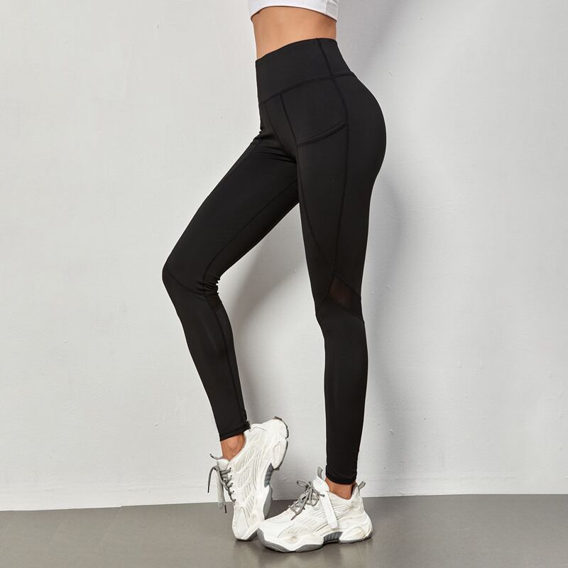 

Contrast Mesh Wide Band Waist Sports Leggings With Phone Pocket, Black