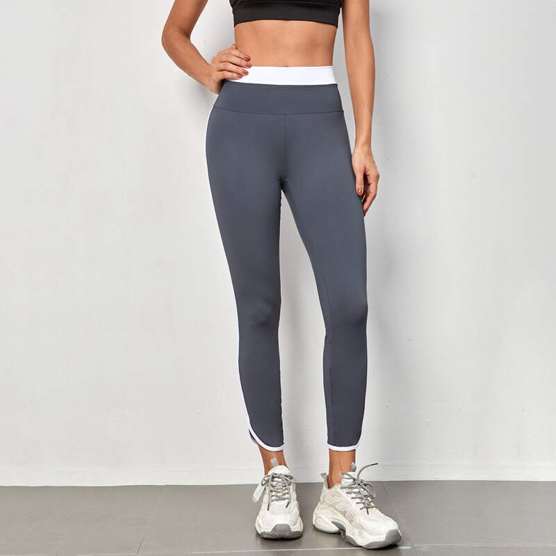 

Contrast Binding Wide Band Waist Sports Leggings, Dark grey