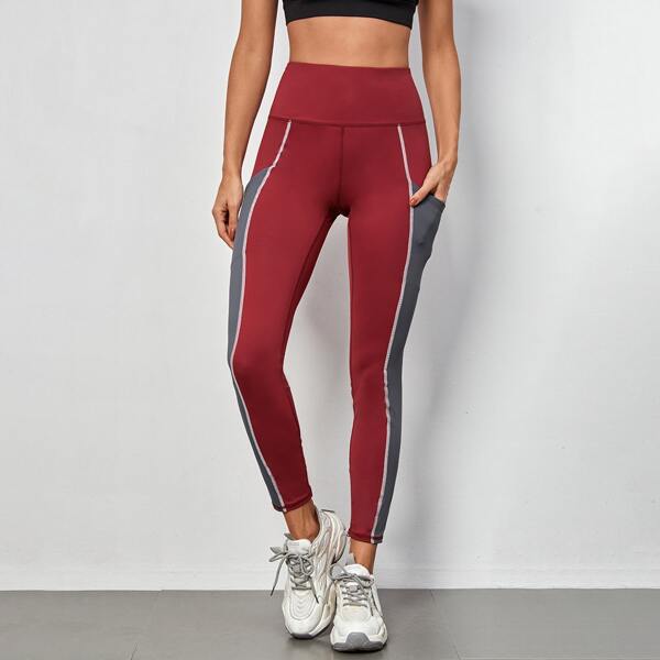 

Colorblock Wide Band Waist Sports Leggings With Phone Pocket, Burgundy
